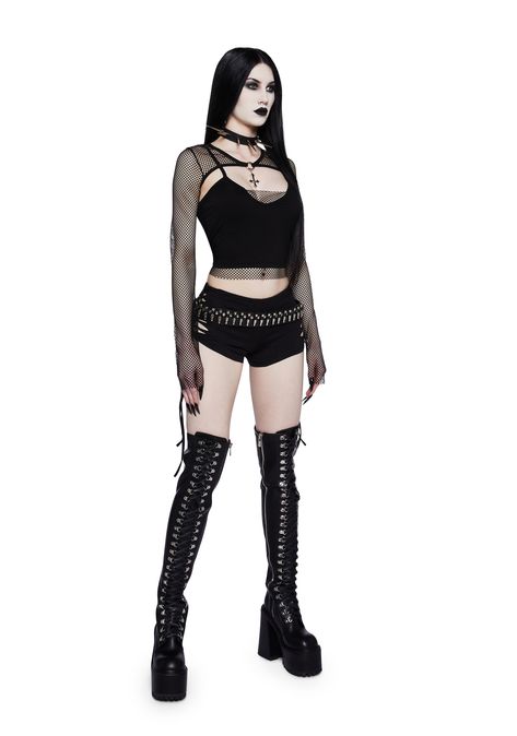 cuz you’re a band tour babe. This set has a stretchy fishnet construction, a shrug with o-ring hardware, a cross charm, and a cami top with adjustable shoulder straps and fishnet lining. Hot Goth Outfits, Japanese Punk Fashion, Alt Dresses, Heavy Metal Lover, Butterfly Boots, Japanese Punk, Iridescent Butterfly, Metal Outfit, Goth Streetwear