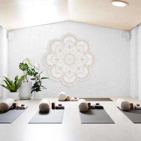 Workspace Bedroom, Sala Yoga, Yoga Room Design, Home Yoga Room, Large Mandala, Mandala Decals, Yoga Room Decor, Deco Zen, Large Wall Stencil