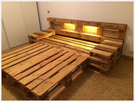 Bed Frame Made Of Pallets, Wooden Palate Bed Frame, Boho Bedroom Pallet Bed, Pallet Double Bed, Pallet Projects Bedroom Bed Frame, Wooden Palette Bed, Pallet Bed Frame With Night Stands, Skid Bed Frame Diy, Country Pallet Bed