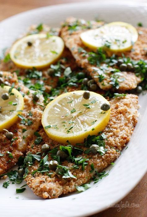 Flounder Piccata | Skinnytaste Lemon Slices, Skinny Taste Recipes, Think Food, Fish Dishes, Seafood Dishes, Fish And Seafood, Me Time, Fish Recipes, Seafood Recipes