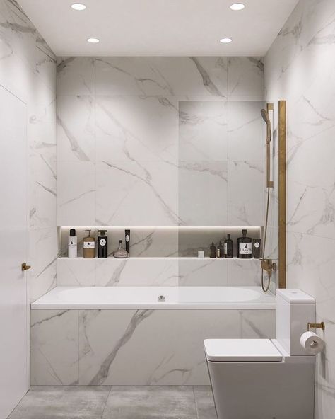 Marble And Gold Bathroom, Modern Marble Bathroom, Gold Bad, Ideas Baños, White Marble Bathrooms, Modern Marble, Bad Inspiration, Shower Niche, Vinyl Decor