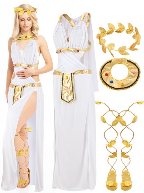 PRICES MAY VARY. Nice Combination: the package will provide you with 1 piece of Greek goddess costume, 1 pair of sandals and 1 piece of Greek headpiece; These accessories will make you look elegant and beautiful, different from others and easy to captivate people's attention, suitable for Halloween party, role playing game and more Fine Workmanship: made from polyester fiber, this Greek costume women is comfortable to wear, the lightweight and breathable material ensure that you can have a good Greek Custome Woman, Toga Party Costume Diy For Women, Toga Party Costume Diy, Greek Goodness Costume, Toga Theme, Toga Party Costume, Greek Headpiece, Goddess Ideas, Greek Headband