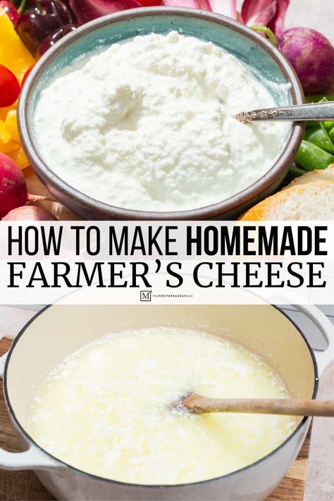 Farmer's cheese is a humble homemade cheese with milk and vinegar. Learn to make this easy fresh cheese with this farmer's cheese recipe! Homemade Parmesan Cheese, Farmer Cheese Recipes, Cheese From Milk, Farmers Cheese Recipes, Home Made Cheese, Fresh Cheese Recipe, Spray Cheese, Homemade Cheeses, Cheese Recipes Homemade