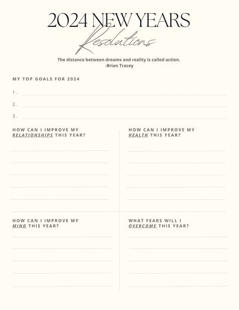 Printable New Years Resolution template useful for developing and sticking to your goals in the upcoming year. This item will help you identify your top goals for the year and help focus in on improving the key areas of your life such as your relationships, health, mind, and overcoming fears. Print this out and place in on your bathroom mirror, in a frame next to your bedside, or any other highly trafficked area! New Year Resolution Printable, 2024 New Year Resolutions Template, New Year Goal Planning, New Year’s Resolution Template, New Year's Resolutions Template, New Year Goals Template 2024, New Years Goals Template, Ins And Outs For 2024, Journal Ideas For New Year