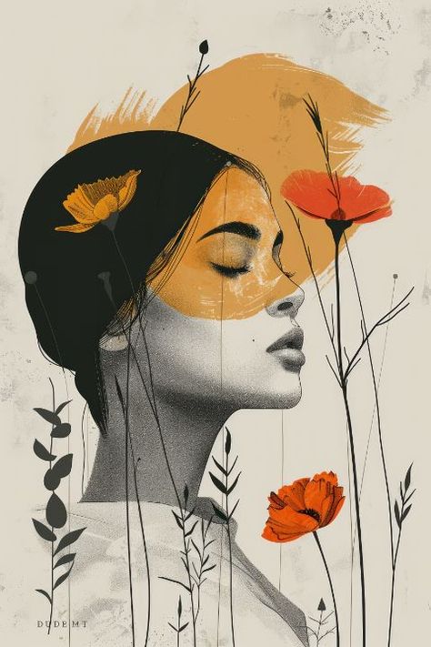 The Flower Woman - Enea Kelo Spa Mural, Portrait With Flowers, Gouache Portrait, Painting Of Woman, Art Studio Storage, Portraits Female, Flower Woman, Face Flower, Hair Vector