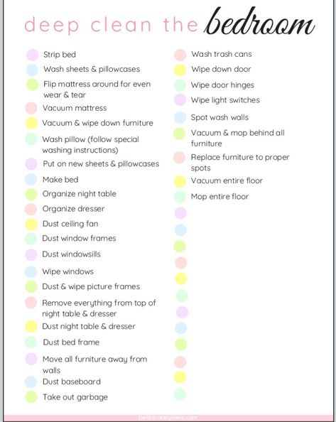 Deep Clean Checklist, Deep Cleaning Lists, Clean Room Motivation, Bedroom Cleaning Checklist, Clean Room Checklist, Room Cleaning Tips, Daily Cleaning Checklist, Room Checklist, Deep Cleaning Checklist