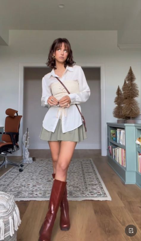 Semi Chic Outfit, Reddish Brown Boots Outfit, Button Down And Corset Outfit, Mustard Yellow Outfits Female, Outfits With A Pleated Skirt, Skirt And Boots Fall Outfit, Comfortable Skirt Outfits, Blouse With Corset Outfit, Cream White Boots Outfit