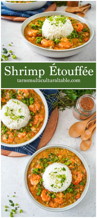 Shrimp Étouffée in two bowls with rice in the center. Shrimp And Sausage Etouffee Recipes, Cajun Spices, Recipe For Shrimp, Etouffee Recipe, Shrimp Etouffee, Weeknight Dinner Recipes Easy, Lobster Recipes, Crab Recipes, Shrimp Dishes