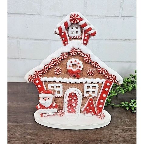 New Gingerbread House Peppermint Candy Canes Figurine Santa Tabletop Decor 8" Made Of Clay Dough Resin 8" Tall, 7.5" Wide, And 2.5" Deep Gingerbread House With Santa And Trees Has Lots Of Peppermint Candy Accents Embellished With Iridescent Glitter Brand New!! Also Comes From A Smoke Free And Pet Free Home! Thank You For Looking And Check Back Often Since I Am Always Listing New Items Daily. Merry Christmas Photo Frame, Halloween Friday The 13th, Clay Dough, Halloween Potion Bottles, Vintage Christmas Stockings, Peppermint Candy Cane, Christmas Glasses, Wooden Cheese Board, Xmas Wreaths