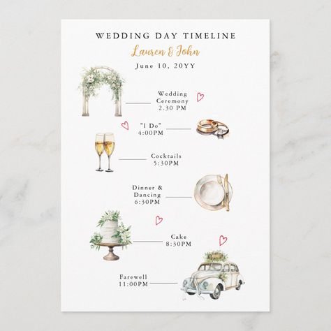 Watercolor illustrated wedding day timeline. Wedding Timeline Illustration, Wedding Invitation Program, Timeline Wedding Invitation, Wedding Invitations Timeline, Wedding Itenary Invite, Wedding Timeline Invitation, Wedding Day Plan, Watercolour Wedding Invite, Wedding Invitation Timeline