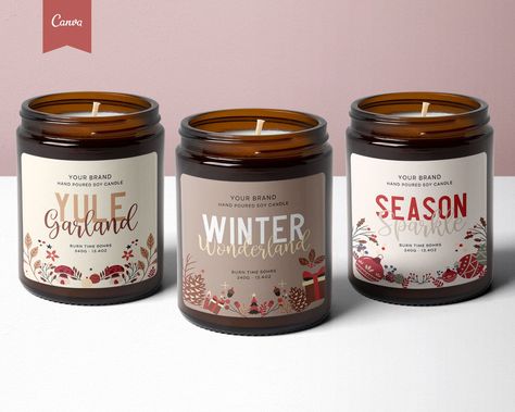 SEASONAL & CHRISTMAS inspired, FULLY EDITABLE branded Candle Labels for your small business. Great for those WINTER vibes. Personalise your brand easily, by using a template and adding in all your details. Change the color, font, text, add in your logo, then print at home or online! What do you get? 3 x SEASONAL / Christmas INSPIRED DESIGNED, Editable Candle Labels - 3 x 3" - 3.5 x 2" Fully editable in CANVA.com BONUS - Editing and Printing Guide This is a digital listing only. No physical produ Holiday Candle Labels, Christmas Candle Packaging Design, Christmas Candle Label Design, Christmas Candle Labels, Candle Booth Display, Candle Booth, Labels For Candles, Small Candle Business, Candles Labels