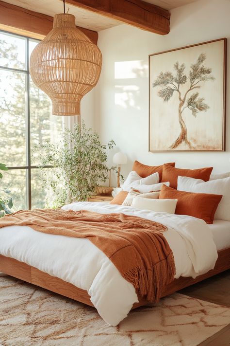 Transform your bedroom into a cozy retreat with stunning wall art ideas! Highlighting natural textures and warm tones, this look creates an inviting ambiance. Discover more wall art inspiration to refresh your space today! 🌳✨ #HomeDecor #InteriorDesign White And Terracotta Bedroom, Earthtone Bedroom Ideas, Brown And White Room, Warm Bedroom Colors Earth Tones, Sunset Bedroom Aesthetic, Bedroom Textures, Warm Tone Bedroom, Warm Toned Bedroom, Warm Neutral Bedroom Ideas