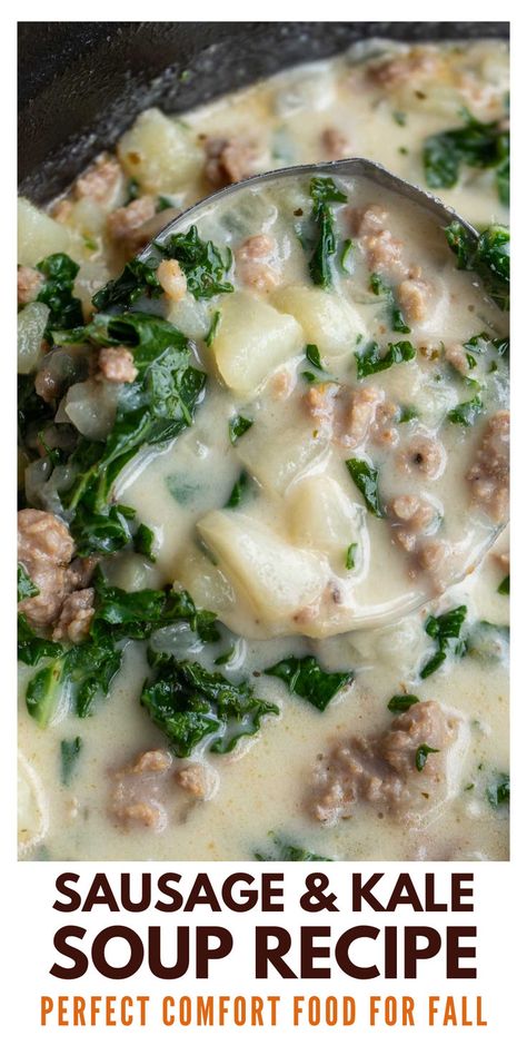 This Sausage and Kale Soup is a hearty comfort food perfect for fall! This gluten-free soup is packed with flavorful Italian sausage, potatoes, kale, and garlic in a creamy sauce. You can have this freezer-friendly soup on the table in just 35 minutes! Recipe For Zuppa Toscana Soup, Copycat Zuppa, Kale Potato Soup, Garden Meals, Copycat Zuppa Toscana, Sausage Potato Soup, Olive Garden Zuppa Toscana, Kale Soup Recipes, Sausage And Kale Soup