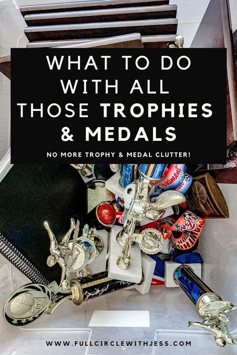 how to declutter trophies and medals. Trophy Storage Ideas, Trophy And Medal Display Ideas Diy, Kids Sports Pictures Display, Upcycle Old Trophies, Repurpose Trophies Ideas, Baseball Trophy Display Ideas, Trophy Repurpose Ideas, What To Do With Old Trophies, Trophy Organization