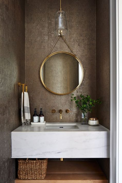 Wallpaper Half Bath, Transitional Powder Room, Luxury Powder Room, Contemporary Powder Room, Powder Room Mirror, Powder Room Sink, Powder Room Wallpaper, Tudor Style Homes, Powder Room Small