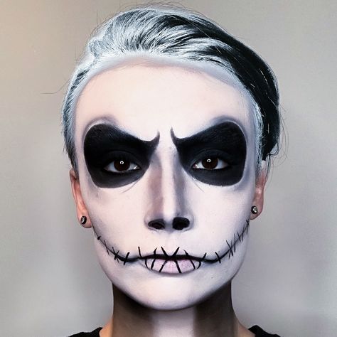 A makeup remake of Jack Skellington Jack Face Paint Halloween Makeup, Halloween Makeup Jack Skellington, Jack Skellington Costume Makeup, Jack And Sally Makeup Halloween, Jack Skellington Halloween Makeup, Jack The Pumpkin King Makeup, Jack Halloween Makeup, Jack Skellington Inspired Makeup, Jack Skellington Makeup Men