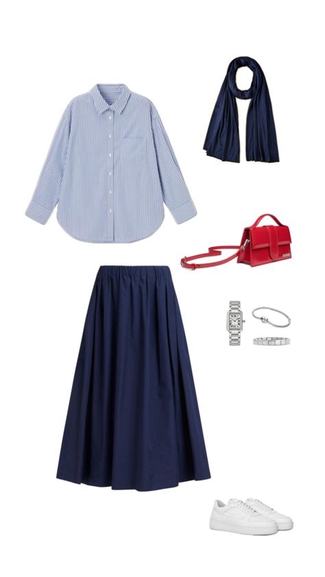 blue striped shirt, navy blue long skirt, navy blue hijab, red bag, white sneakers, hijabi outfit Striped Shirt Outfit Hijab, Blue Hijab Outfit, Blue Stripes Outfit, Navy Skirt Outfit, Long Navy Skirt, Red White Outfit, Long Skirt Outfits Aesthetic, Navy Blue Long Skirt, Hijabi Summer Outfits