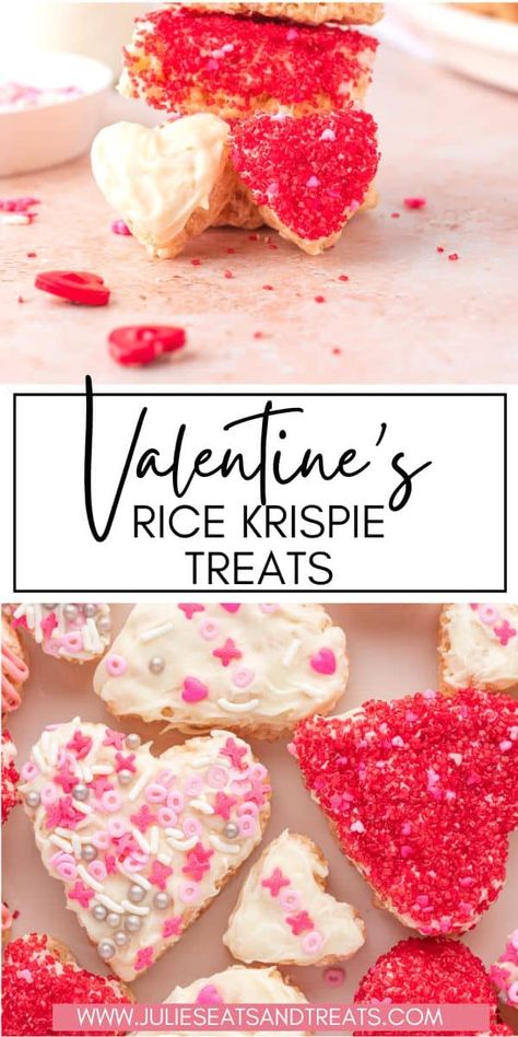 Need an easy and fun Valentine's Day treat? Make this yummy Valentine's Rice Krispie Hearts! Simple and fun Rice Krispie Treats that are cut out into hearts and decorated for a delicious treat or dessert at Valentine's Day parties. Treats With Marshmallows, Valentine Rice Krispie Treats, Valentine Dessert, Valentines Snacks, Valentines Baking, Low Carb Cheesecake, Simple Dessert, Valentine Desserts, Valentines Day Desserts