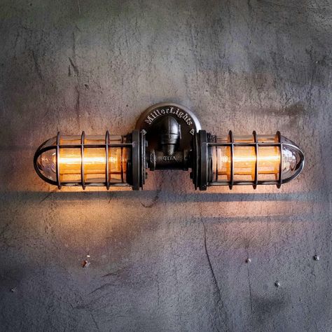 Industrial Vanity Lighting, Industrial Bathroom Mirror, Speakeasy Basement, Industrial Vanity Light, Lodge Lighting, Artisan Workshop, Industrial Vanity, Industrial Bathroom Vanity, Industrial Style Bathroom