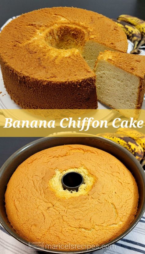 Banana Chiffon Cake recipe made of overripe bananas. Moist, fluffy, and packed with banana flavor. Delicious Banana cake to enjoy for breakfast, snack, or dessert! https://maricelsrecipes.com/banana-chiffon-cake/ Recipe Video https://youtu.be/Es2qUp10Now #bananacake #chiffoncake #bananarecipes Banana Chiffon Cake, Banana Sponge Cake Recipes, Banana Chiffon Cake Recipe, Banana Chicken, Orange Chiffon Cake Recipe, Fluffy Banana Cake, Banana Sponge Cake, Chiffon Cake Recipe, Ogura Cake