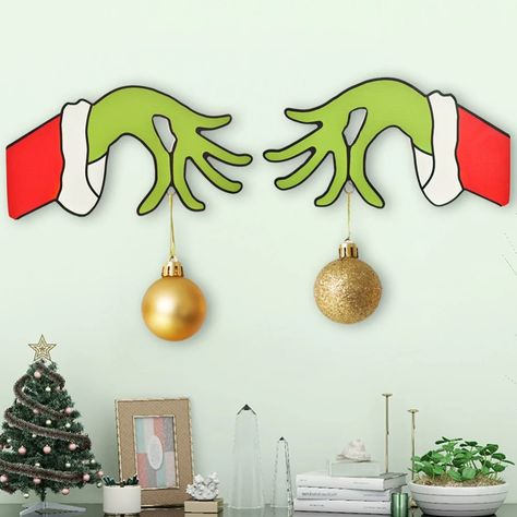 New Christmas Decorations Christmas Wooden Door Hanging Door Tag Christmas Grinch Wreath Home Mall Christmas Door Hangings, Grinch Hands, Door Hanging Decorations, Christmas Grinch, Christmas Front Doors, Wall Stickers Home Decor, Wood Accent, Panel Wall, Christmas Party Supplies