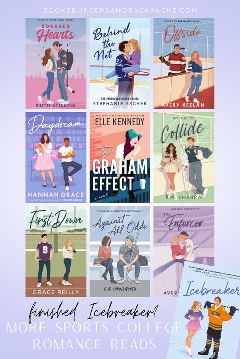 10 books to read after ‘Icebreaker’ by Hannah Grace (sports college romance) — Books, Burgers and Backpacks Books About High School Love, Spicy Sports Romance Books, Good Books Romance, Booktok Books Romance, College Sports Romance Books, Books Like Icebreaker, Baseball Romance Books, Hannah Grace Books, Football Romance Books