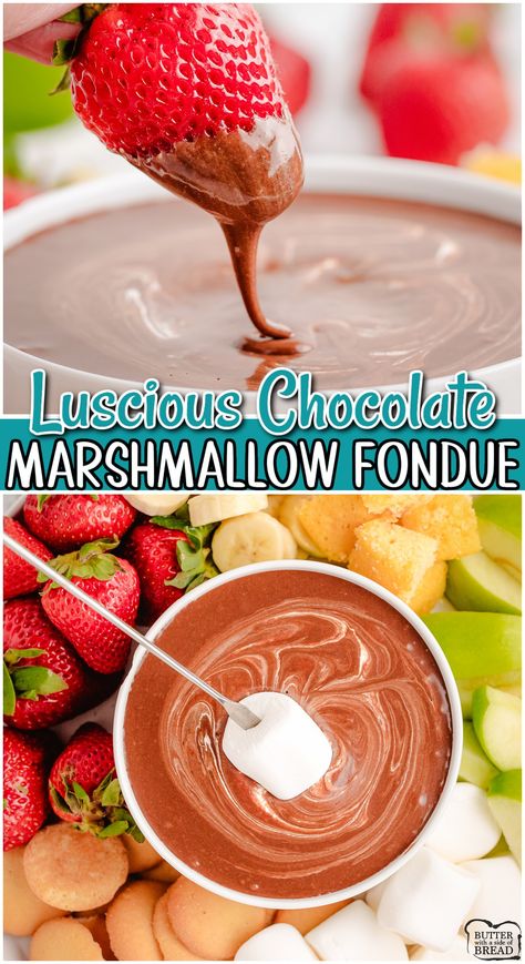 Chocolate Marshmallow Fondue, Marshmallow Fondue, Crockpot Fondue, Fondue Dip, Easy Chocolate Fondue Recipe, Easy Fondue Recipes, Fondue Chocolate, Easy Fondue, Marshmallow Fluff Recipes