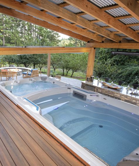 Hot Tub Swim Spa Backyard, Swim Spa With Umbrella, Jaquizzi Outdoor Ideas, Deck With Hot Tub And Pool, Small Backyard Living Spaces, Swimming Spa Backyard Ideas, Swim Spa Built Into Deck, Swim Spa Pergola, Whirl Pool Tub Master Bath