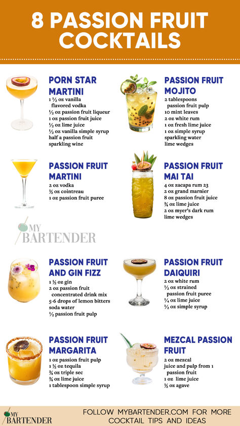 Passion Fruit Cocktails Recipes With Fruit Cocktail, Passion Fruit Mojito, Passion Fruit Margarita, Passion Fruit Juice, Sunny Vibes, Yummy Alcoholic Drinks, Martini Recipes, Flavored Vodka, Cocktail Drinks Recipes