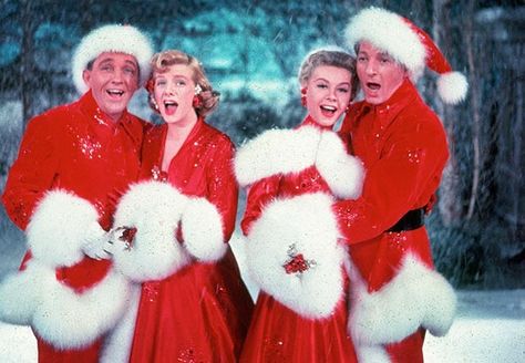 Bing Crosby, Rosemary Clooney, Vera-Ellen and Danny Kaye  sing together, while dressed in fur-trimmed red outfits and standing in front of a stage backrop, in a scene from the film 'White Christmas,' Netflix Christmas Movies, Classic Holiday Movies, White Christmas Movie, The Christmas Song, Vera Ellen, Donald O'connor, Rosemary Clooney, Classic Christmas Movies, Best Christmas Movies