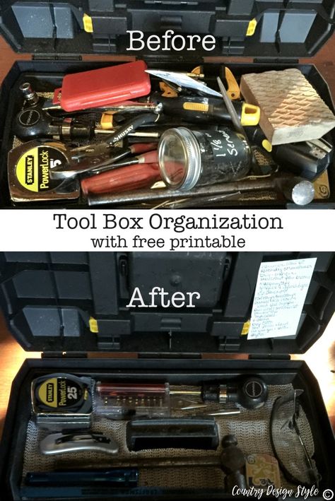 Tool box organization with printable | Country Design Style | countrydesignstyle.com Portable Tool Box Organization Ideas, Mechanic Notes, Tool Box Organization Ideas, Truck Toolbox Organization, Toolbox Organization, Toolbox Organizer, Tool Bag Organization, Attic Organization, Box Organization