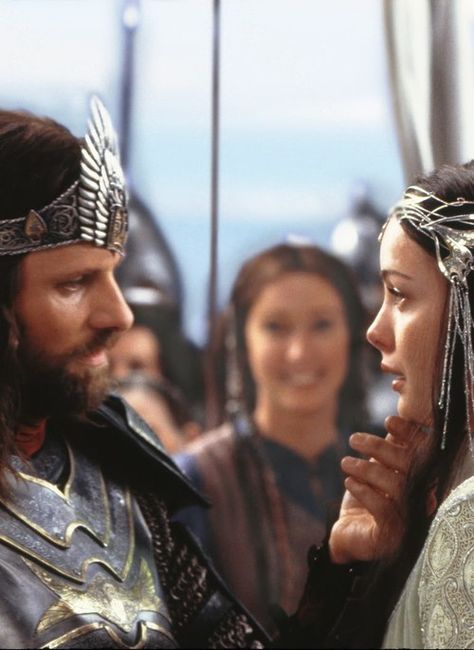 Aragorn looks as if he cannot believe she's there, and Arwen has an expectant expression as if she testing to see if he has changed or not... Aragorn And Arwen, Grand Prince, Hair Necklace, Viggo Mortensen, Into The West, Heroic Fantasy, Fellowship Of The Ring, Liv Tyler, Jrr Tolkien