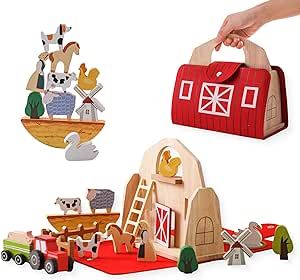 Wood farm playset for children including a barn bag to store and carry, animals, tractor and wagon Wooden Toy Barn, Wooden Blocks Toys, Farm Animal Toys, Baby Barn, Toy Barn, Barn Animals, Montessori Educational Toys, Wooden Barn, Farm Toys