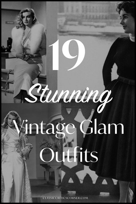 image of women with text overlay "19 stunning vintage glam outfits" Hollywood Vintage Dress, 1960s Glamour Fashion, 60s Glam Fashion, Vintage Vegas Party, Vintage Hollywood Outfits, Hollywood Style Photoshoot, Hollywood Style Outfits, Vintage Vegas Outfit, Old Hollywood Party Outfit