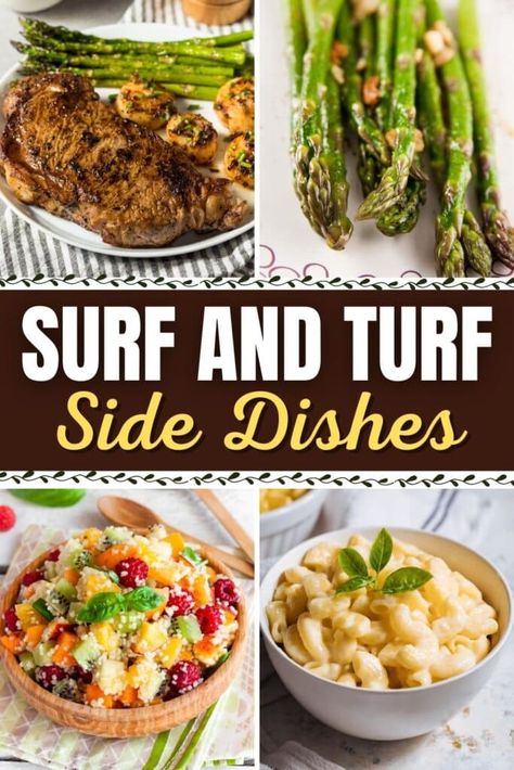 Surf And Turf Buffet Ideas, Surf And Turf Party Ideas, Surf And Turf Side Dishes Appetizers, Steak And Shrimp Side Dishes, Side Dishes For Surf And Turf Dinners, Surf And Turf Dinner Sides, Surf N Turf Dinner, Surf And Turf Side Dishes, Surf And Turf Dinner Party