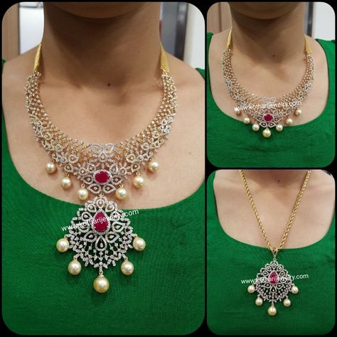 Diamond Necklace With Detachable Pendant Detachable Jewellery, Diamond Haram, Kemp Jewellery, Diamond Necklace Indian, Detachable Pendant, Diamond Gold Earrings, Jewelry Necklace Simple, Indian Diamond Jewellery, Bridal Diamond Necklace