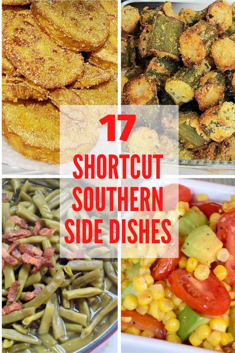 A collection of 17 easy shortcut Southern side dish recipes you'll want to make again and again. From vegetables and fresh salads for summer BBQ and cookouts to squash casserole and cornbread dressing as Southern Thanksgiving side dishes. Country Vegetable Dinner, Southern Vegetable Plate Dinner, Healthy Southern Side Dishes, Southern Style Side Dishes, Creole Vegetables Side Dishes, Southern Vegetable Side Dishes, Dinner Ideas With Cornbread As A Side, Southern Recipes Sides, Southern Sides Vegetables