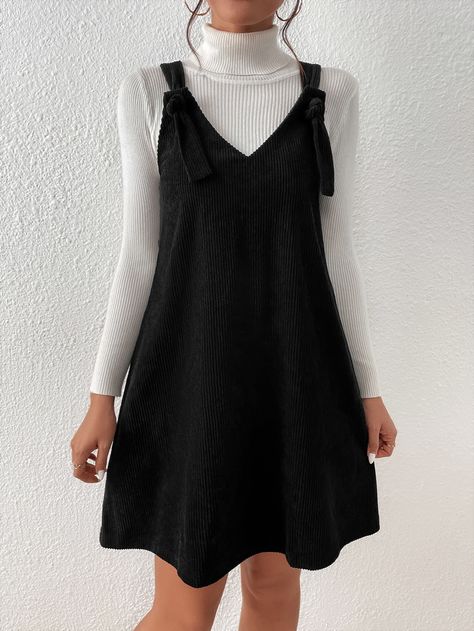 Black Casual Collar Sleeveless Fabric Plain Pinafore Embellished Non-Stretch  Women Dresses Pinafore Dress, Overall Dress, Black Casual, Women Dresses, Hijab Fashion, Overalls, Jumper, Sweaters For Women, Black Dress