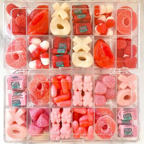 Pink and Red Candy Charcuterie Box Party Favor Tackle Box Kids Candy Charcuterie, Charcuterie Box, Valentines Day Candy, Liquor Gifts, Candy Board, Candy Grams, Valentine Gifts For Kids, Chewy Candy, Valentines Day Treats