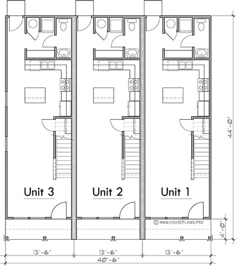 Efficient Layout: Narrow Townhouse, TWO Master Bedrooms, 2.5 Baths Living Design Narrow Townhouse Plans, Narrow Apartment Design, Narrow Apartment Layout, Small Row House Design, Tiny Townhouse, Narrow Townhouse, Narrow Building, Townhouse Plans, Narrow Houses