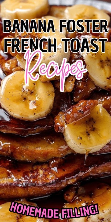 This Easy Bananas Foster French Toast is one of our favorite breakfast recipes! Crispy slices of buttery brioche are topped with a delicious homemade bananas foster sauce made from dark rum, butter, brown sugar, heavy cream, and crunchy pecans. Delicious on it’s on, but devilishly good with whipped cream or vanilla ice cream! Banana Foster French Toast Recipe, French Toast Recipe With French Bread, Banana Foster French Toast, Bananas Foster Sauce, Oven French Toast, Banana Foster Recipe, French Toast Brunch, Banana Foster, Banana Bread French Toast