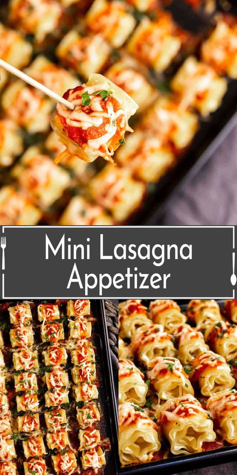 This mini lasagna appetizer is individual mini lasagna rolls filled with lemon ricotta and topped with a fresh tomato sauce. A one-bite appetizer that is perfect for parties! Bolognese Lasagna Bites, Lasagna Bites Appetizers, Lasagna Bites Recipe, New Year’s Eve Appetizers, Lasagna Appetizer, Nye Apps, Pasta Bites, Special Appetizers, New Years Eve Appetizers