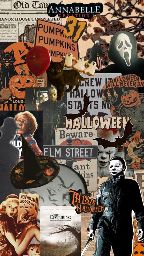 #vibe #halloween #horror #scream #nightmareonelmstreet #movies #collageart #collages #aesthetic #wallpaper #autumn #fallaesthetic #fall Movie Character Wallpaper, Collages Aesthetic, Free Halloween Wallpaper, Helloween Wallpaper, Vintage Halloween Art, Horror Scream, Halloween Wallpaper Iphone Backgrounds, Movie Collage, Wallpaper Autumn