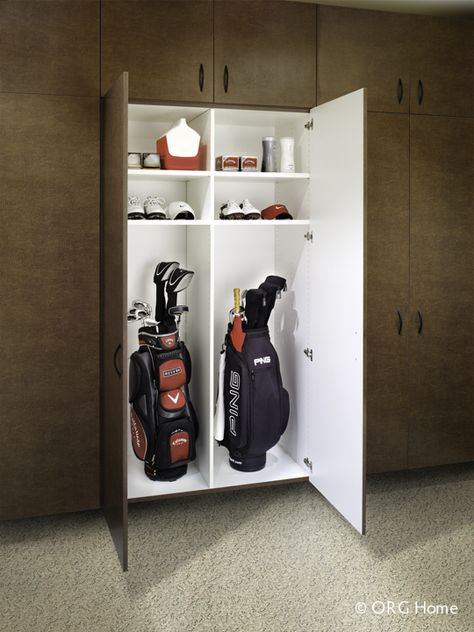 Extra tall cabinets keep golf clubs in prime condition.  Doors open wide for easy access and one inch thick shelves stand up to heavy items.  Picture what you want and we'll personalize a storage solution to fit your needs to a tee. Thick Shelves, Contemporary Garage, Garage Organization Systems, Tall Cabinets, Plan Garage, Garage Storage Systems, Garage Organize, Garage Remodel, Garage Work Bench