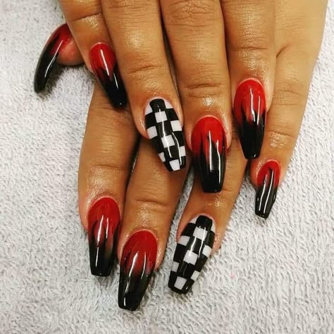 Vans Nails, Racing Nails, Nails With Red, Black Flames, Flame Nails, Pink Tip Nails, Checkered Nails, Red Flames, Grunge Nails