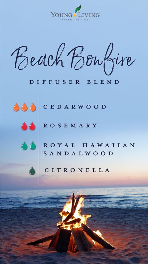 Feel like you’re enjoying a crackling fire by the salty seaside. Diffuse this Beach Bonfire diffuser blend of sweet Cedarwood, herbaceous Rosemary, heavenly Royal Hawaiian Sandalwood, and citrusy Citronella essential oils. #summerblend #diffuserblends #yleo #essentialoils Summer Diffuser Blends, Citronella Essential Oil, Essential Oil Combinations, Essential Oil Diffuser Blends Recipes, Essential Oils For Headaches, Young Living Essential Oils Recipes, Yl Oils, Essential Oil Diffuser Recipes, Oil Diffuser Recipes