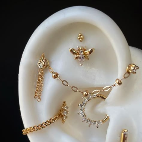 Gold Curated Ear Piercing, Ear Piercing Curation Gold, Ear Curation Gold, Gold Curated Ear, Ear Piercing Curation, Piercings Oor, Daith Ear Piercing, Gold Piercings, Ear Curation