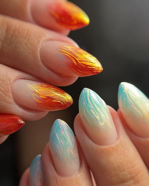 Sapphira | IL Nail Tech on Instagram: "Fire and ice 🔥🧊

Still obsessed with this set, not looking forward to the day I’ll have to remove it 🥲" Fire And Ice Nails Art Designs, Fire And Ice Nail Designs, Fire And Ice Nails, Orange And Teal Nails, Ice Nails Designs, Fire Nails Designs, Sunset Nail Designs, Orange And Blue Nails, Sunrise Nails