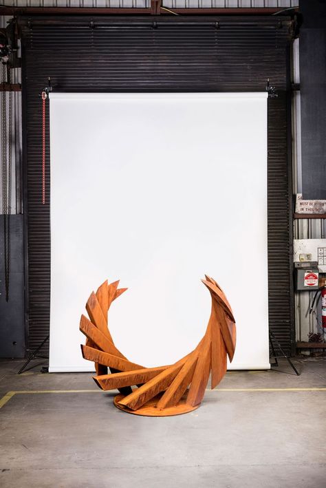 A sculpture of wings made from corten steel with a natural rusted finish. Gentle Movement, Sculpture Studio, Corten Steel, Outdoor Sculpture, Contemporary Outdoor, Outdoor Art, Stage Design, Creative Team, Architecture Interior Design