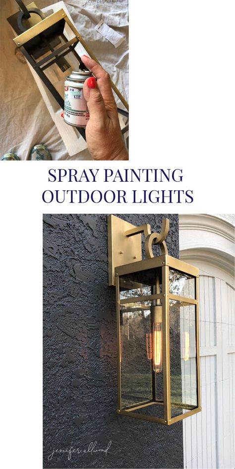 The size and shape of our lighting was perfect but the black color didn't stand out against our dark grey home! So, we spray painted them GOLD! Tutorial on the blog!  #spraypainting #outdoorlights #lightingdiy #diy #homedecor #spraypaint #painting #lighting #lightingideas #outdoorlighting #outdoorlightingideas #modernhome #moderndecor #modernhomedecor #goldlighting #goldlightfixtures #glamhomedecor Paint Outdoor Light Fixtures, Gold Tutorial, Jennifer Allwood, How To Spray Paint, Farmhouse Style Lighting, Kitchen Lighting Design, Diy Outdoor Lighting, Diy Pendant Light, Farmhouse Light Fixtures